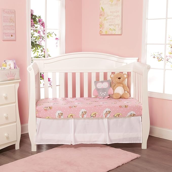 2 Pack Fitted Crib Sheets for Girls in 100% Jersey Knit Cotton – Pink and Yellow Precious Moments Design Plus Solid Pink Girl’s Crib Mattress Sheets by Everyday Kids