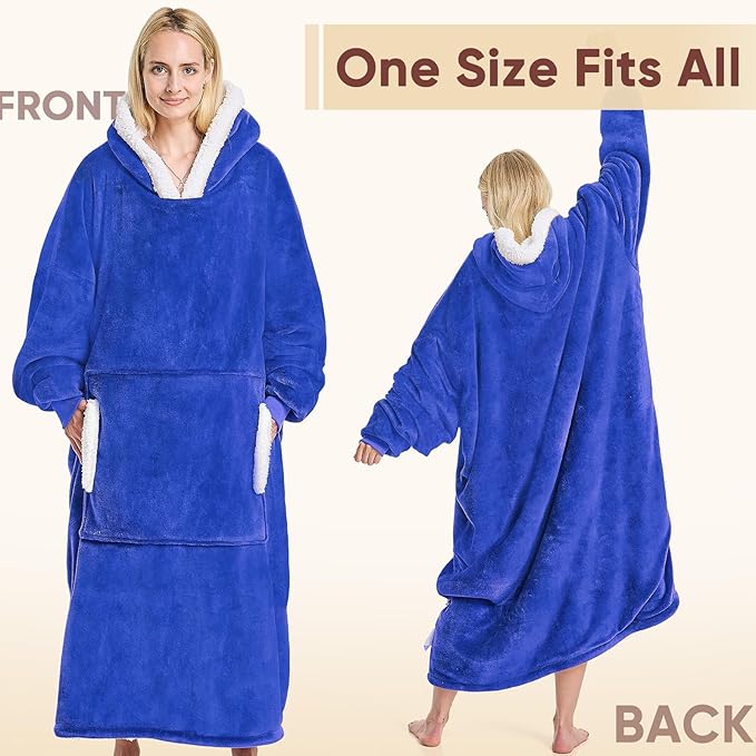 yescool Wearable Blanket Hoodie - birthday gifts for Adults/Women/mom, Flannel Cozy Sherpa Fleece Blanket Sweatshirt with Hood, Pocket & Sleeves, Large, One Size Fits All (Klein Blue)