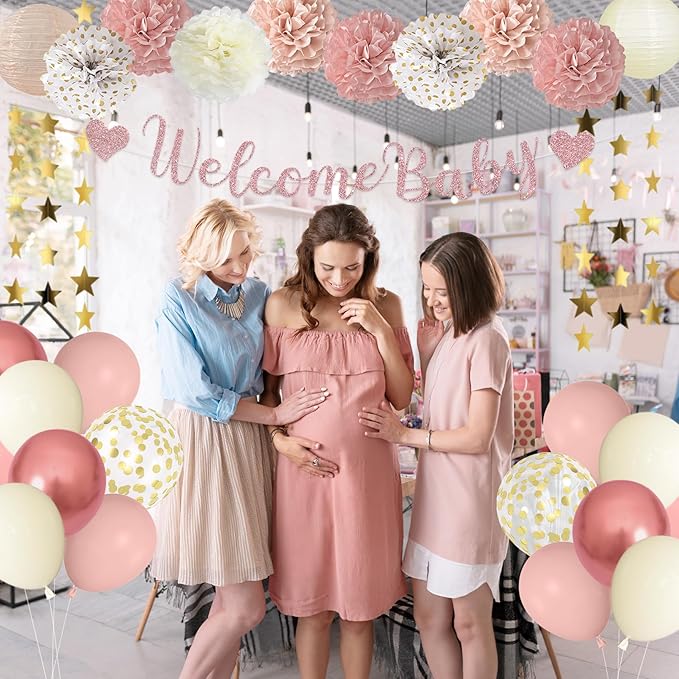 Amandir Dusty Pink Girl Baby Shower Decorations Welcome Baby Banner, Cake Topper, Paper Lanterns, Gold Balloons Pom Poms Flowers Tassels, Circle Dots Star Garland Gender Reveal Birthday Party Supplies