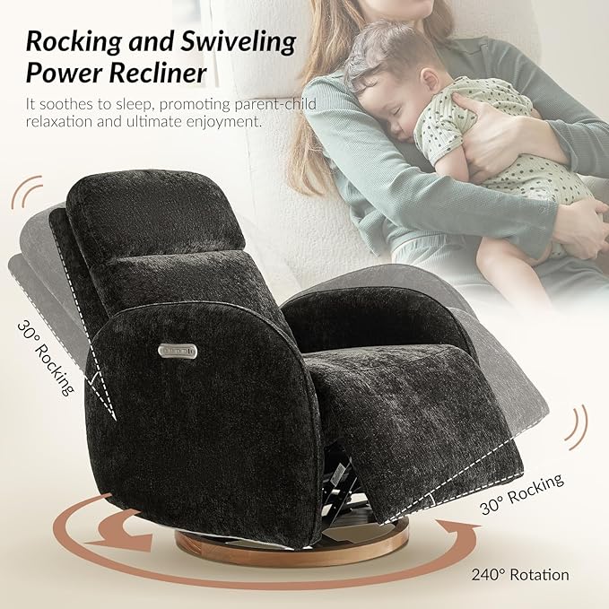 HULALA HOME Glider Recliner Nursery Chair with Adjustable Headrest and Lumbar Support, Modern Power Recliner with USB Port and Nightlight, Swivel Rocker Glider for Nursing Room Bedroom, Black