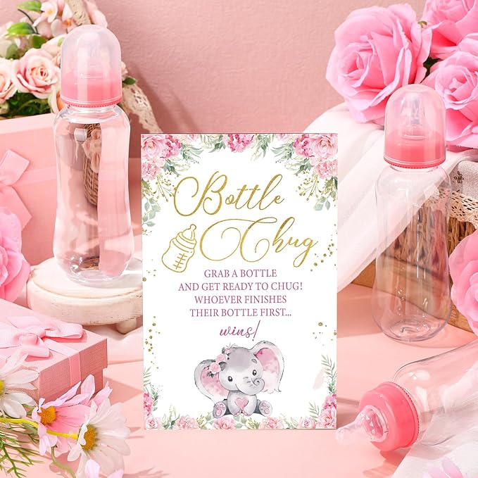 TrelaCo Cool Baby Shower Games Wooden Bottle Chug Sign Rustic Theme Gift Sets and 12 Pcs Baby Bottle Shower Favor for Rustic Kraft Games Gender Reveal (Pink Elephant)