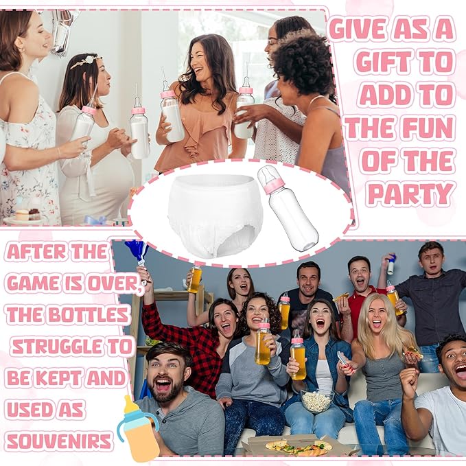 Hushee 6 Sets Funny Plastic Bottle Chug Baby Shower Games Diaper Baby Shower Game Gender Reveal Race Gifts Decoration for Adults Boys Girls (Pink)