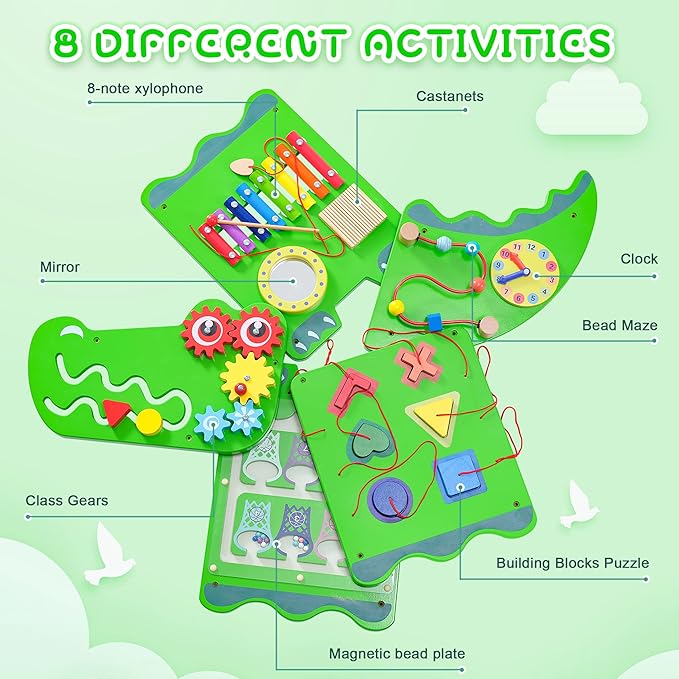 Crocodile Sensory Toys Activity Wall Panels, Educational Montessori Busy Board for Toddlers, Activity Cube - Sensory Wall, Wooden Learning Toys, Interactive Toy-Green