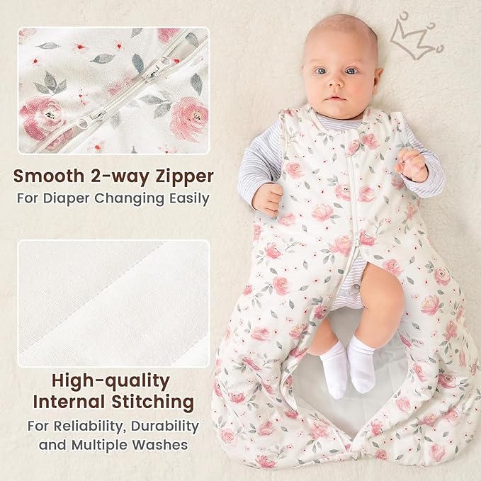 PHF 100% Cotton Baby Sleep Sack 6-12 Months, 2.5 TOG Winter Baby Wearable Blanket with 2-Way Zipper, Warm Comfy Quilted Sleeping Bags, Infant Sleeping Sack for Newborn Girls, Medium Size, Pink Floral