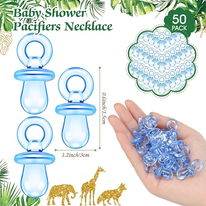 Thyle 51 Pcs Pacifier Hunt Baby Shower Games Include Hunt Sign and 50 Acrylic Pacifiers for Baby Shower Game Decoration Gift Sets Gender Reveal Party Decor(Jungle Animals)