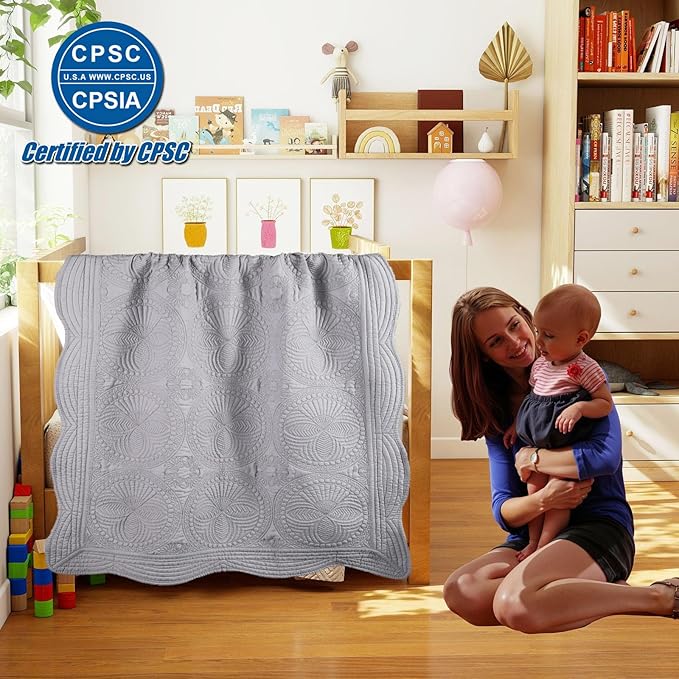Embossed Baby Quilt Neutral Durable Lightweight Baby Blankets Four Seasons Cotton Nursery Bed Blankets for Personlized Monogram 46x36 Inches (Grey)