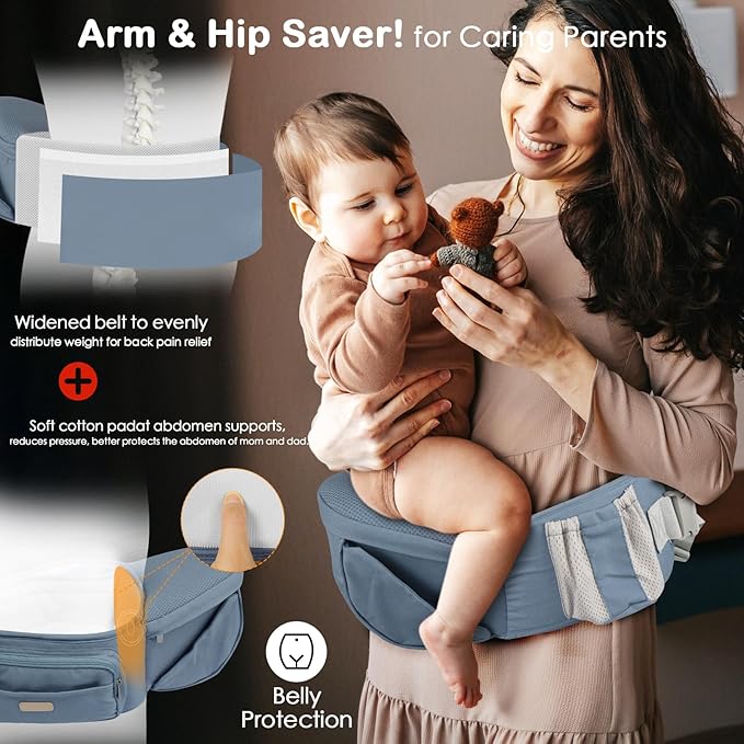 Baby Hip Seat Carrier, Adjustable Waistband with 3D Abdominal Support & Various Pockets Ergonomic Carrier for Newborns to Toddlers up to 33 lbs Medium Haze Blue