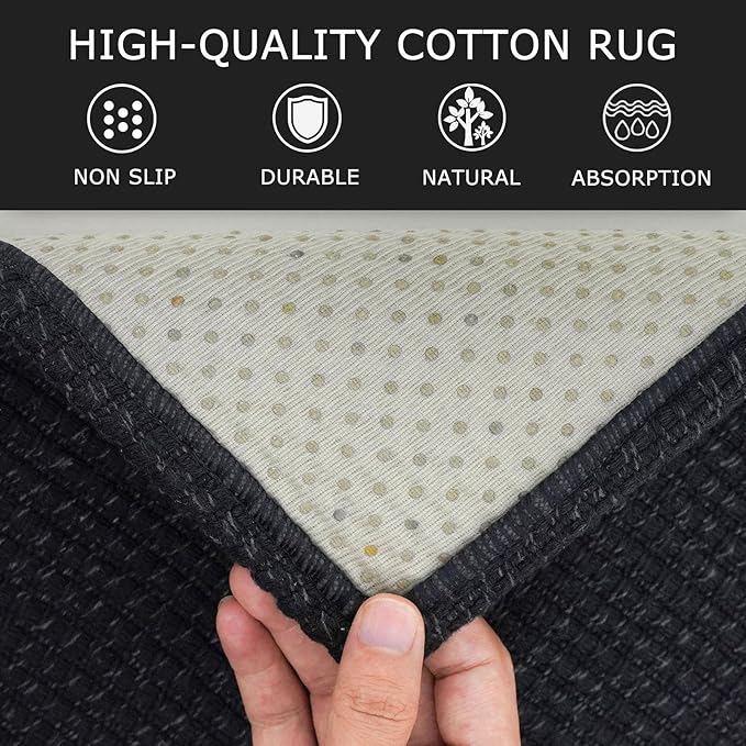 KOZYFLY Washable Area Rug 4x6 ft Non Slip Rubber Backed Living Room Rugs Braided Woven Cotton Kitchen Rugs Indoor Entryway Rug Floor Carpet for Dining Living Room Bedroom, Black/Dark Grey