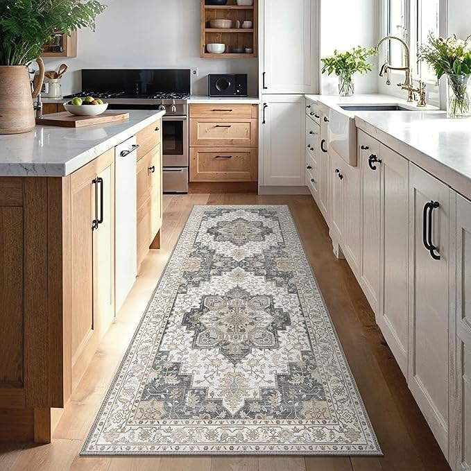 GENIMO 2x12 Runner Rugs for Hallway, Machine Washable Non Slip Vintage Rugs, Low Pile Lightweight Soft Print Rug for enrtyway, Corridor, Home Office, Kitchen, Heathered Grey