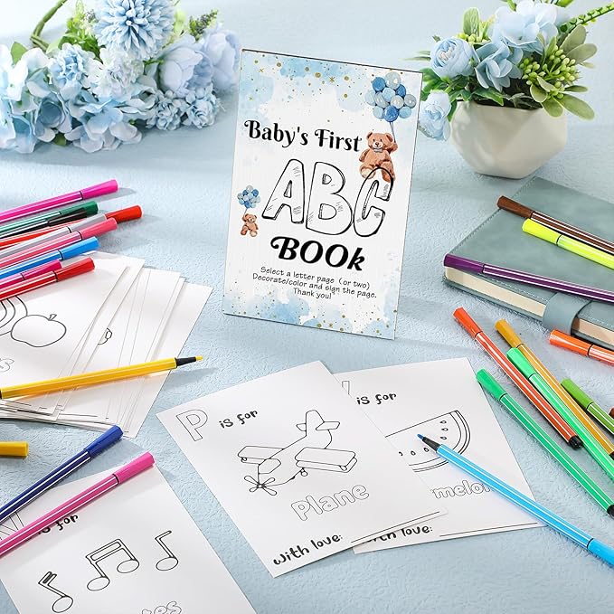 Geelin 51 Pcs Fun Baby Shower Game Activities First ABC Book Sign Coloring Game Card 26 Alphabet a to Z Coloring Card with 24 Watercolor Pen Storage Bag for Baby Shower Party(Blue Bear)