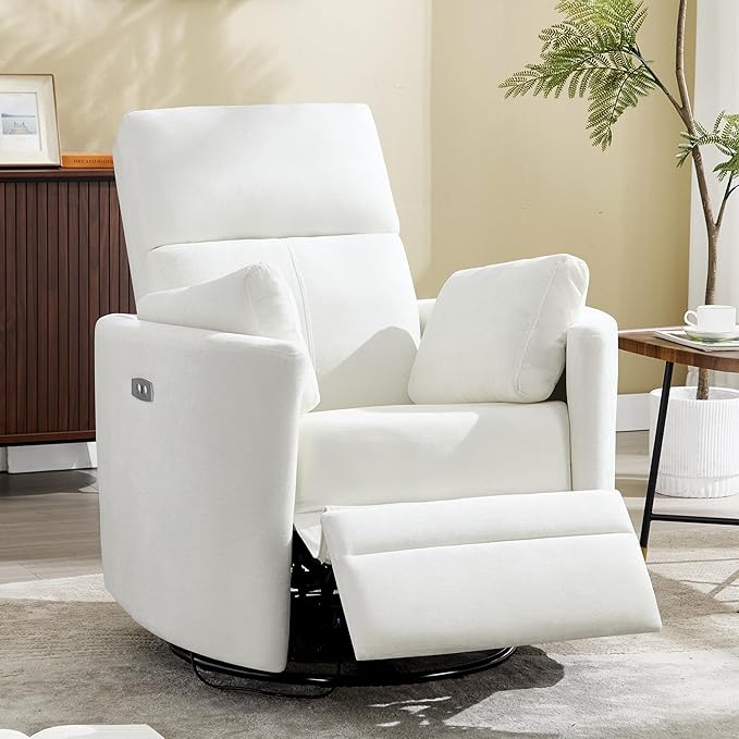 Power Recliner Swivel Rocking Glider, Upholstered Electric Rocking Adult Recliner with USB Port,Nursery Rocking Chair with 2 Pillows Living Room Bedroom (White, Power-Driven)