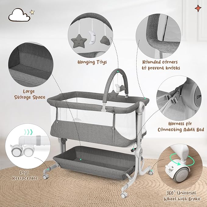 Cowiewie Baby Bassinet 2-1 Beside Sleeper with Wheels & Hanging Toys for Baby Foldable Adjustable Height Portable Bassinets (GREY)