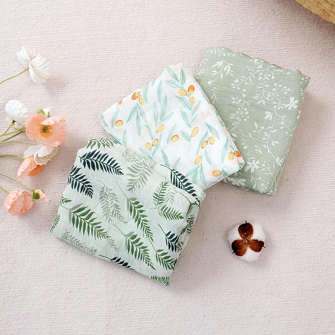 Muslin Swaddle Blankets for Baby Boys and Girls,3 Pack Breathable Soft Receiving Blanket,Large 43.3X 43.3 inches,Newborn Essentials Must Haves (Leaves)