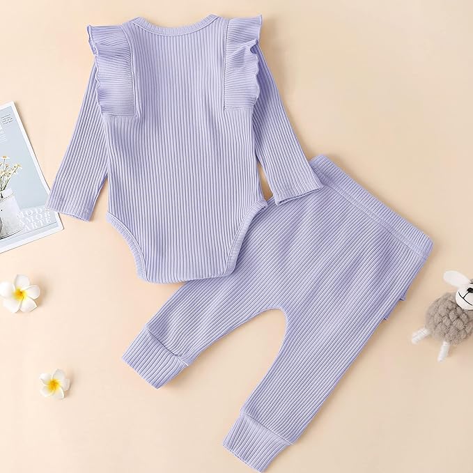 Fullfamous Baby Girl's 3pc Rib Frill Long Sleeve Romper and Pant Set