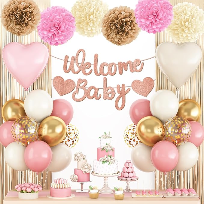 Dusty Pink Baby Shower Decorations for Girl,Welcome Baby Banner with Sand White Retro Pink Balloons Fringe Curtains Paper Pom Poms for Boho Baby Shower Gender Reveal Party Supplies