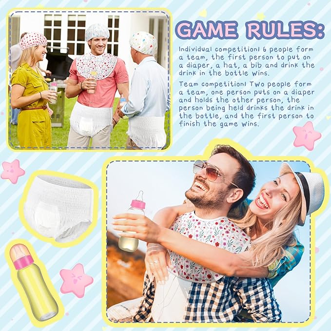 6 Sets Bottle Chug Baby Shower Games Plastic Baby Bottles Bulk Diapers Gender Reveal Games Hat and Adult Bib Race Game Decoration for Girl Adults (Classic Style,Colourful)