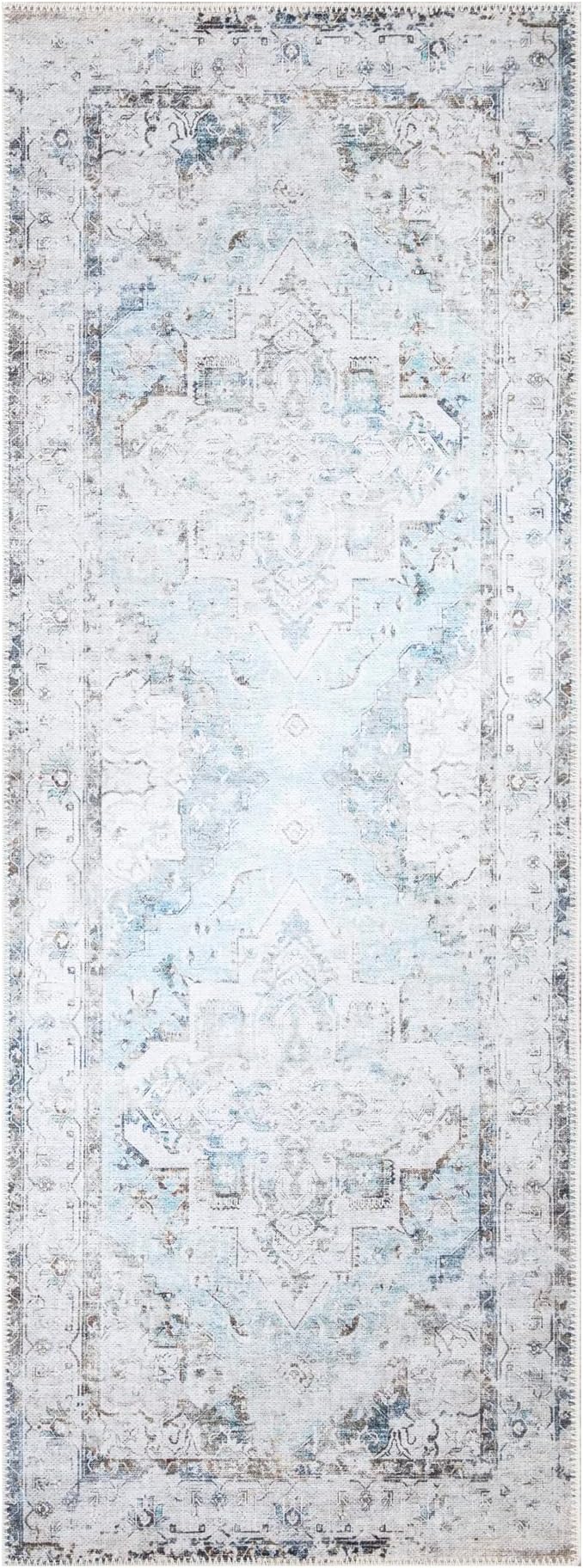 Bloom Rugs Washable Non-Slip 12 ft Runner - Beige/Blue Traditional Runner for Entryway, Hallway, Bathroom, and Kitchen - Exact Size: 2.5' x 12'