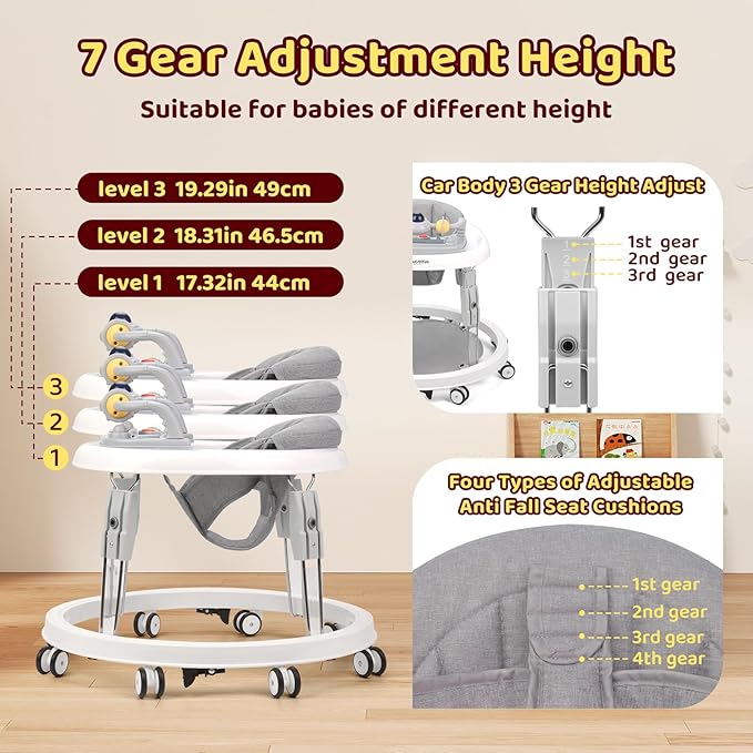 Baby Walker with Wheels,Music and Lights Baby Walker for Boys Girls 6-12 Months,Foldable Baby Walkers and Activity Center,Toddler Infant Walker with 7-Speed Height Adjustment,Detachable Plate,Gray