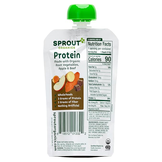 Sprout Organic Baby Food Pouches Stage 3, Organically Sourced Meat Protein, Root Vegetables Apple w/ Beef, 4 Ounce (Pack of 12)