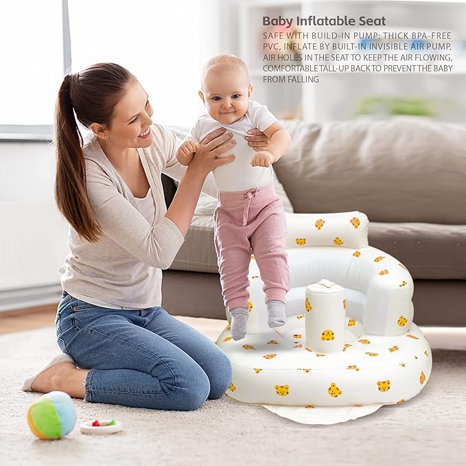 Inflatable Baby Chair, Inflatable Baby Seat for Babies 3 Months and Up, Summer Blow Up Chair with Built in Air Pump, Bumbo Seat for Learning to Sit, Palying, Camping, Tiger