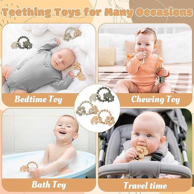 Silicone Teether Toys for Babies - 2ooya 3Pcs Animals Themed Teething Ring, Flower Leaves Baby Sensory Chew Toys with Rattles for Newborn Boy and Girl to Soothe Sore Gums, Baby Shower Birthday Gifts