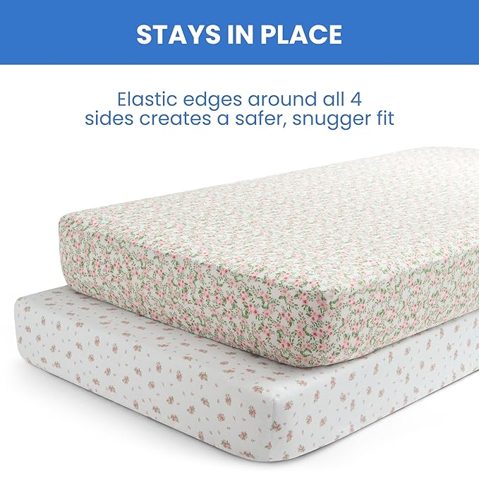 Delta Children Fitted Crib Sheets for Girls and Boys - Crib Sheet for Standard Crib and Toddler Mattresses - 28x52 Inch (Pack of 2), Pink Floral