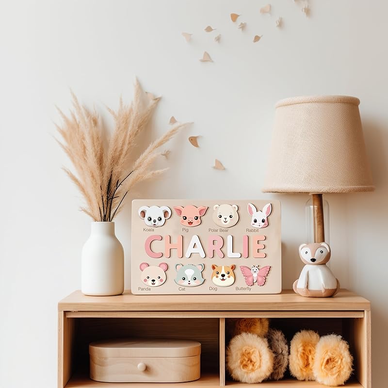 Animals Puzzle for Baby Girl and Boy, Handmade Custom Name Puzzle, Personalized Gifts for Baby, First Christmas Gift, Baby Gift, Personalized Wooden Name Puzzle with Cute Animals, Wood Toys