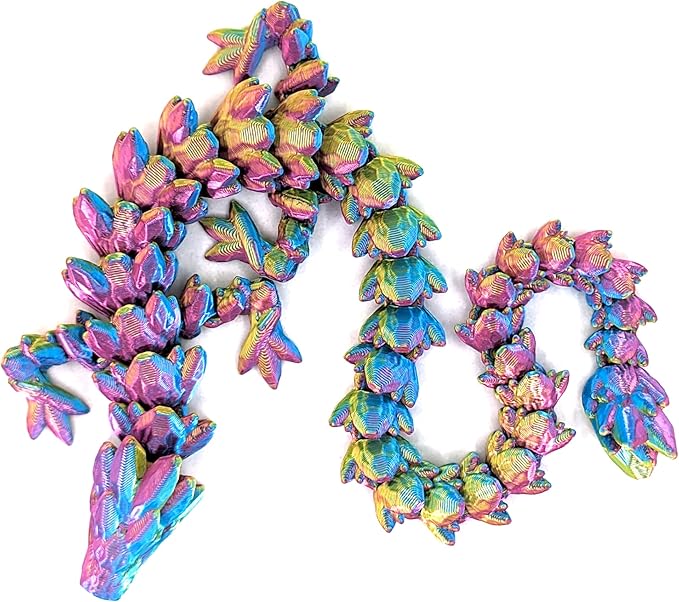 12" Articulated Gem Stone Dragon - New 2024 Ver - Multi Color 3D Printed Plastic Dragon Figure - Rainbow Pearlescent Colors - Interlocked Body Segments and Legs (Medium 12", Pastel Rainbow)