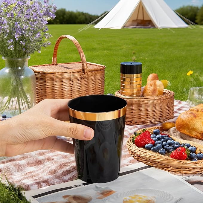 supernal 200pcs Black Plastic Cups 10oz – Disposable Cups with Gold Rim, Premium Black and Gold Plastic Cup, Disposable Cocktail for Wedding, Birthday, Halloween, Christmas & Thanksgiving Parties