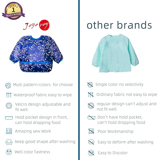 Joyo roy Mess Proof Baby Bibs for Eating Waterproof Toddler Bibs for Boys Soft Machine Washable Long Sleeve Bib 1-3 Years Travel Reusable Baby Smock Apron for Feeding Bib with Food Catcher