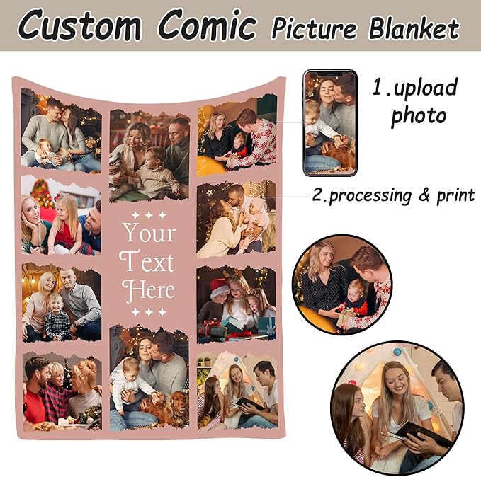 Custom Blanket with Picture, Personalized Photo Blanket,Printed in USA Customized Blankets Photo Blankets for Family Dad Mom Couple Boyfriend Girlfriend Grandma Grandpa Wife Husband