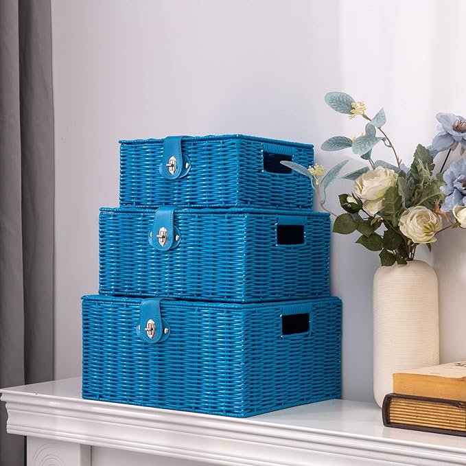 Set of 3 Woven Wicker Storage Basket Box with Lid & Lock, Built-in Carry Handles, Multifunctional Storage Organiser for Nursery, Baby, Clothes, Toys, Books, Large/Medium/Small Size (Sky Blue)