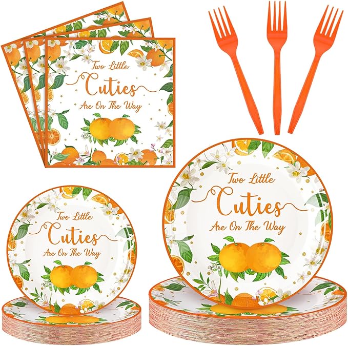 Zhehao 96 Pcs Twins Baby Shower Decorations Supplies Twins Cuties Baby Shower Tableware Set Eucalyptus Leaf Orange Strawberry Themed Plates Napkins Forks for 24 Guests(Orange)