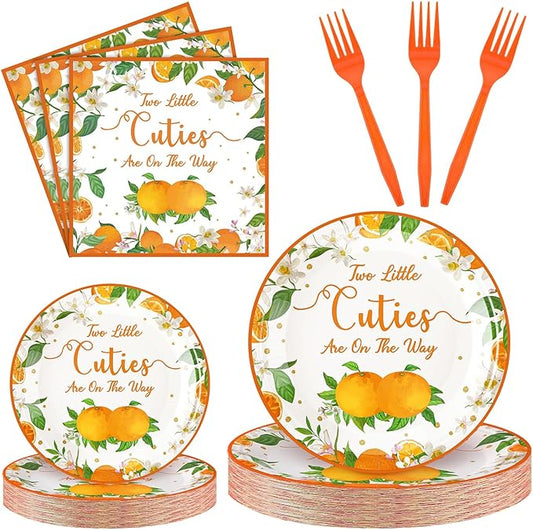 Zhehao 96 Pcs Twins Baby Shower Decorations Supplies Twins Cuties Baby Shower Tableware Set Eucalyptus Leaf Orange Strawberry Themed Plates Napkins Forks for 24 Guests(Orange)