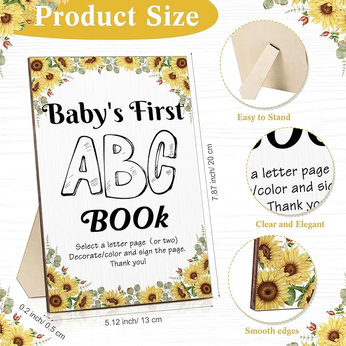 Geelin 51 Pcs Fun Baby Shower Game Activities First ABC Book Sign Coloring Game Card 26 Alphabet a to Z Coloring Card with 24 Watercolor Pen Storage Bag for Baby Shower Party(Sunflower)