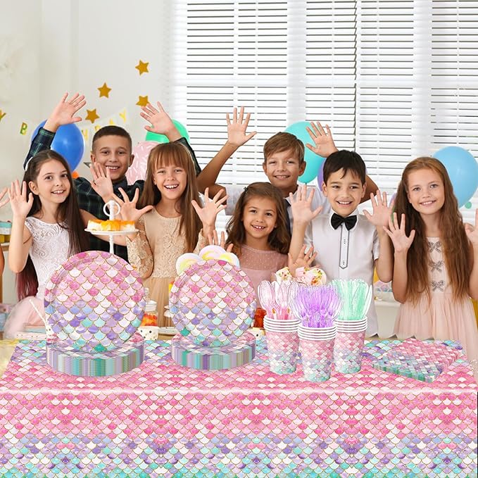 168Pcs Mermaid Birthday Decorations Mermaid Party Supplies Includes Plates, Napkins, Cups, Cutlery for Girls Baby Shower Ocean Birthday Party Decorations, Serves 24