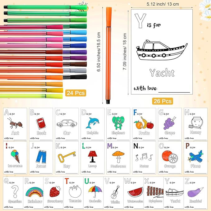 Geelin 51 Pcs Fun Baby Shower Game Activities First ABC Book Sign Coloring Game Card 26 Alphabet a to Z Coloring Card with 24 Watercolor Pen Storage Bag for Baby Shower Party(Bee)