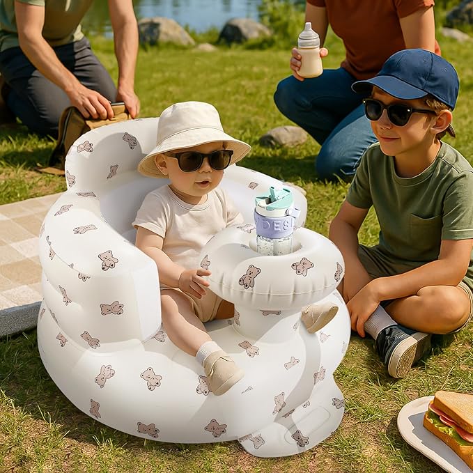 Arscniek Inflatable Baby Seat Built in Air Pump, Blow Up Baby Chair with Back Support and Tray, Sit Me Up Floor Seat for Babies 3-36 Months, Portable Infant Chairs for Indoor and Outdoor- Biscuit Bear