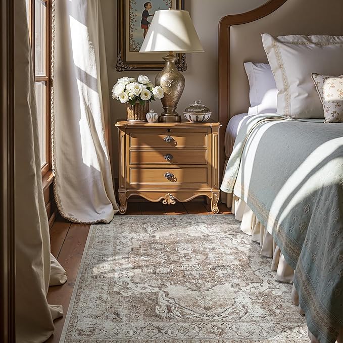 jinchan Area Rug 4x6 Washable Rug Kitchen Floor Cover Traditional Mat Foldable Thin Carpet Taupe Multi Distressed Floral Print Indoor Mat for Bathroom Bedroom Living Room Dining Room