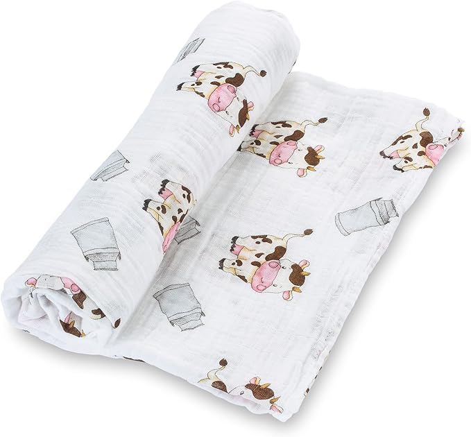 LollyBanks Baby Swaddle Blanket, 100% Muslin Cotton Muslin Blankets for Boys and Girls, Large 47 x 47 Inches Soft and Breathable Swaddles for Newborns, Gentle Baby Wrap Swaddle, Registry (Cow Print)