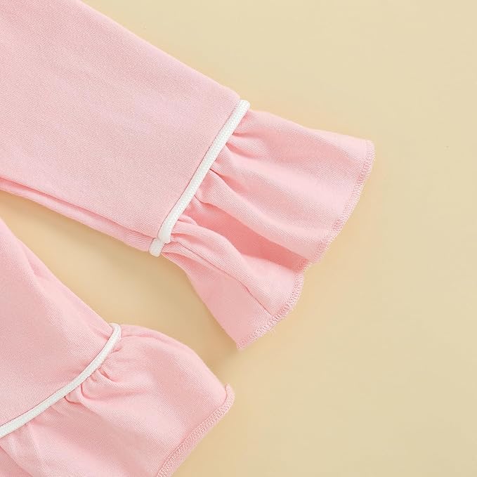 Toddler Kids Baby Girl Solid Pjs Ruffle Long Sleeve Button Shirt Top and Pants Cotton 2Piece Pajamas Set