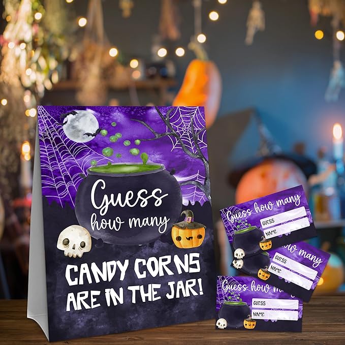 Halloween How Many Candy Corns Are In The Jar - 1 Standing Sign & 50 Guessing Cards - Halloween Witch Bowl Party Game & Decoration For Boys, Girls, Adults - Baby Shower, Birthday Game Set - A10