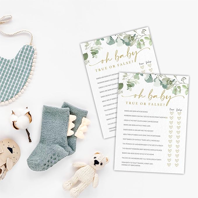Oh Baby, True Or False Baby Shower Game Cards - Golden Greenery - 30 Double-Sided Fill In Style Game Cards With Answer Card, Gender Reveal, Baby Announcement, Party Games & Activity - D11