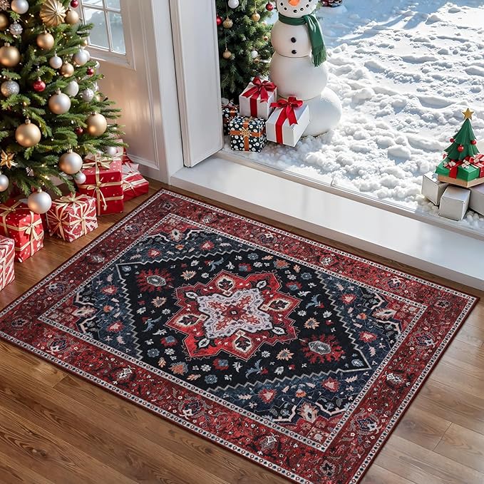 Ciicool Washable Vintage Area Rug, 2x3ft Small Boho Rug, Ultra Soft Rugs for Entryway, Non-Slip Entry Rugs Oriental Low-Pile Indoor Mat Floor Carpet for Entrance Bedroom Kitchen Bathroom Foyer Decor