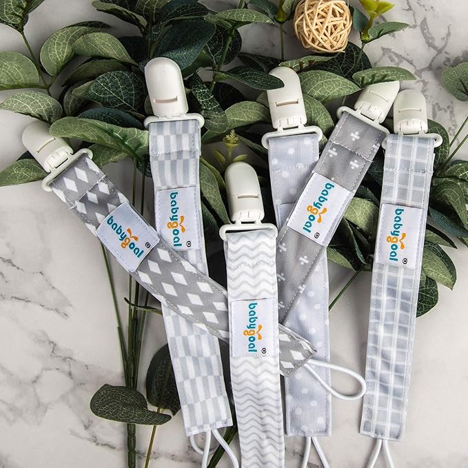 Babygoal Neutral Grey Pacifier Clips, 6 Pack Binky Paci Holder Clip and Leash for Babies Boys and Girls Fits for Most Pacifier, Binkie Styles & Baby Teethers & Toys and Gift 6PS09