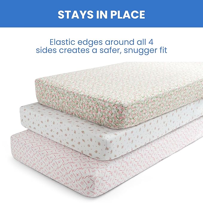 Delta Children Fitted Crib Sheets for Girls and Boys - Crib Sheet for Standard Crib and Toddler Mattresses - 28x52 Inch (Pack of 3), Pink Floral