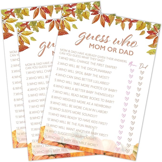 Fall Baby Shower Games, Guess Who Mom or Dad Game Cards, 5x7 in, Thanksgiving Baby Shower Party Favor Decorations Supplies - A03