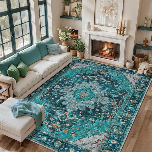 Ciicool Washable Area Rug - 6x9 Vintage Bedroom Dining Room Rug Non-Slip Lining Room, Oriental Throw Low Pile Carpet for Office Kitchen Entryway(Teal/Multi)