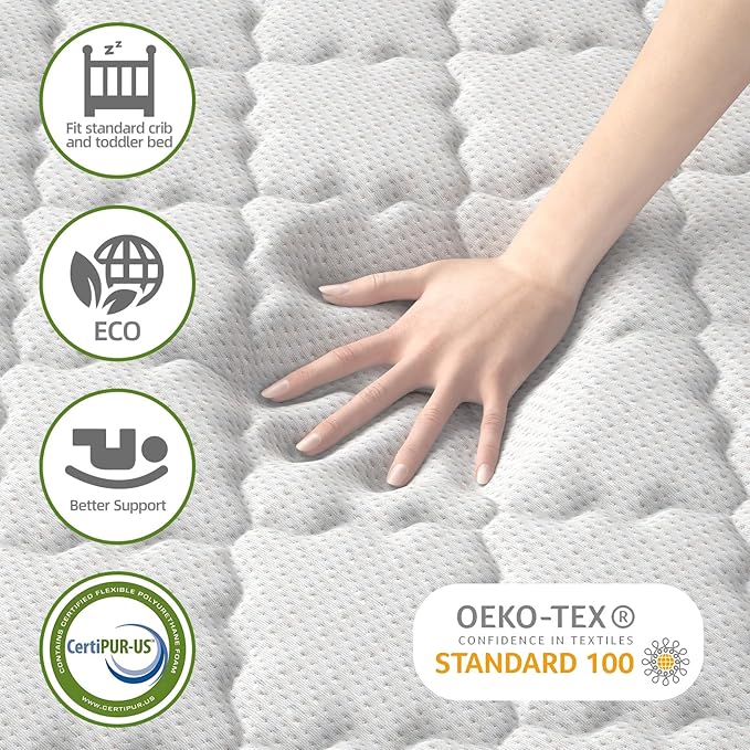 5" Crib & Toddler Mattress, 52x27.5 Breathable Knitted Fabric Cover, CertiPUR-US Certified Foam, Edge Reinforcement, Fits Standard Size Crib and Toddler Bed, Pure White