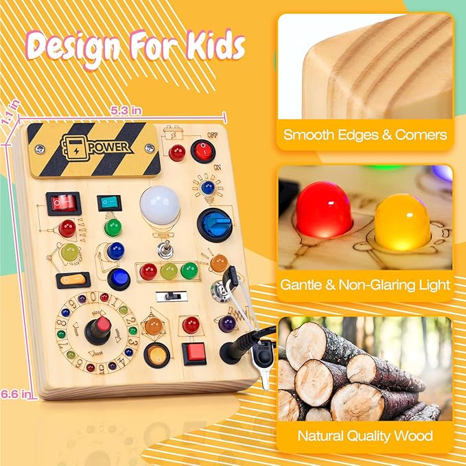 HarVow Busy Board with LED Light Switches, Montessori Toys for 1 2 3 Years Old, Toddlers Wooden Toy Sensory Activity Board, Travel Toys for 1+ Year Old Boy & Girl Birthday Gift